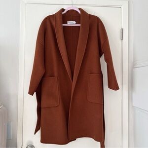 Dark brown long wool coat S with waist belt
